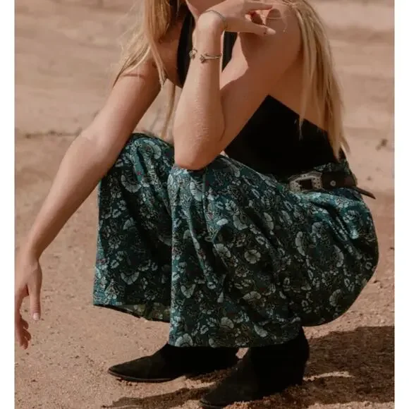 Band of the Free Elise Teal Floral Boho High Waist Wide Leg Pants Size XS NEW - Picture 11 of 11